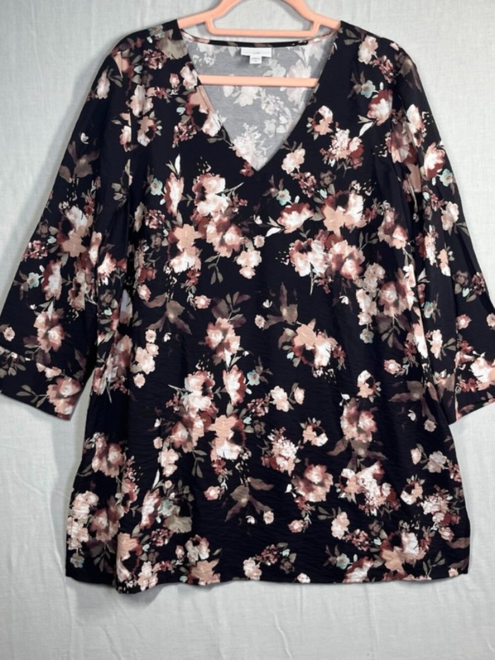 J Jill Dress Women Large Tall Black VNeck 3/4 Sleeve Flower